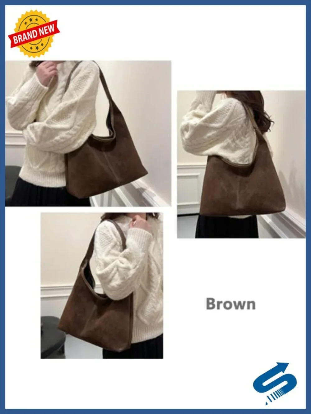 Large Suede Hobo Shoulder Bag Tote Handbag Contrast Stitching